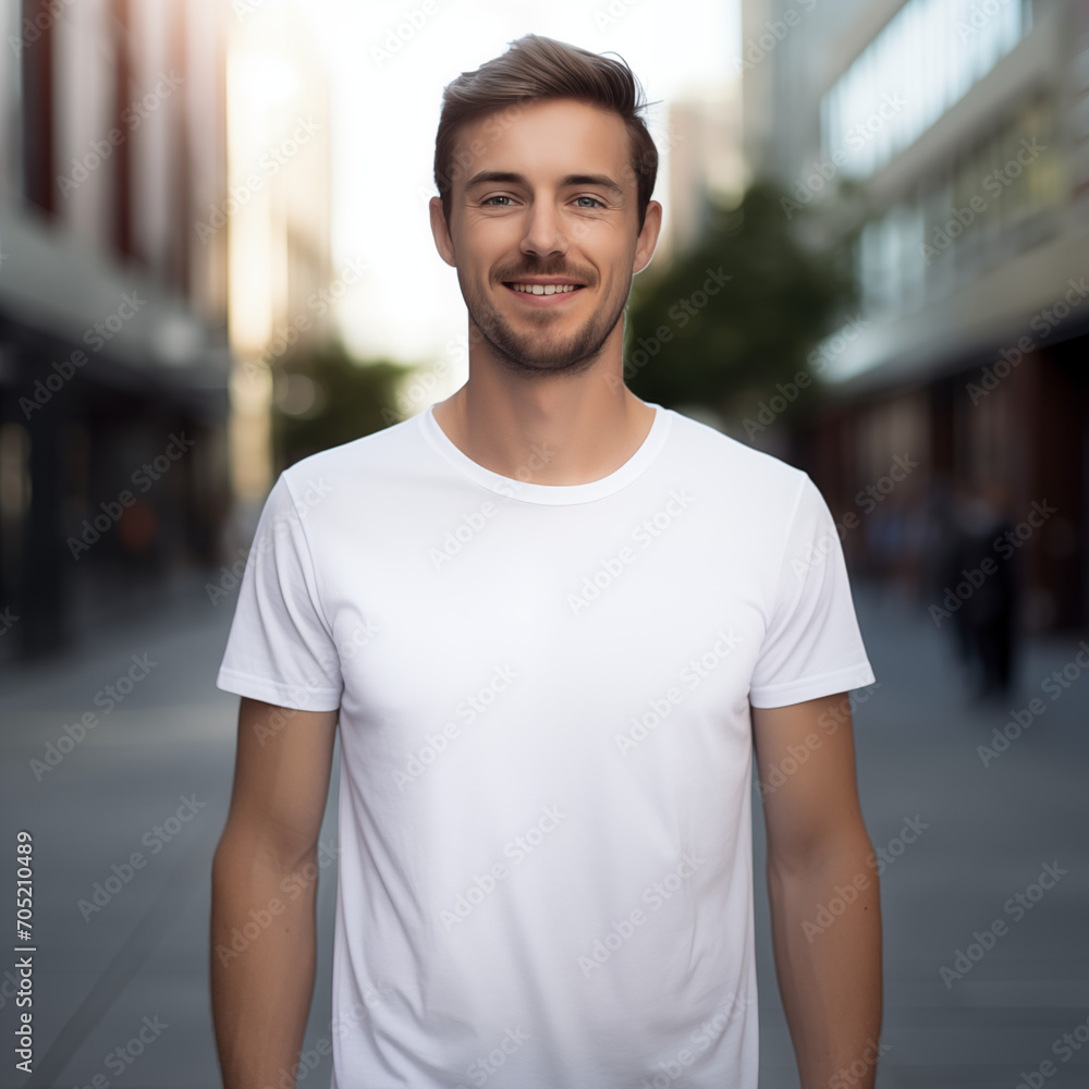 Person wearing a white T-shirt. Person wearing a white T-shirt.