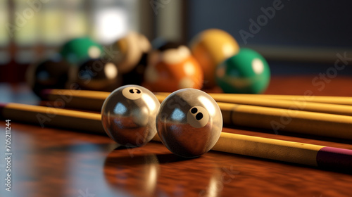 billiard balls and cue