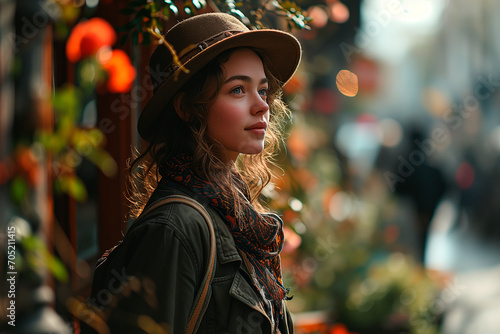 Young Woman in Adventurous Hat on Autumn Street