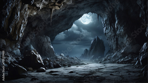 Creepy rock cave with moonlight sky