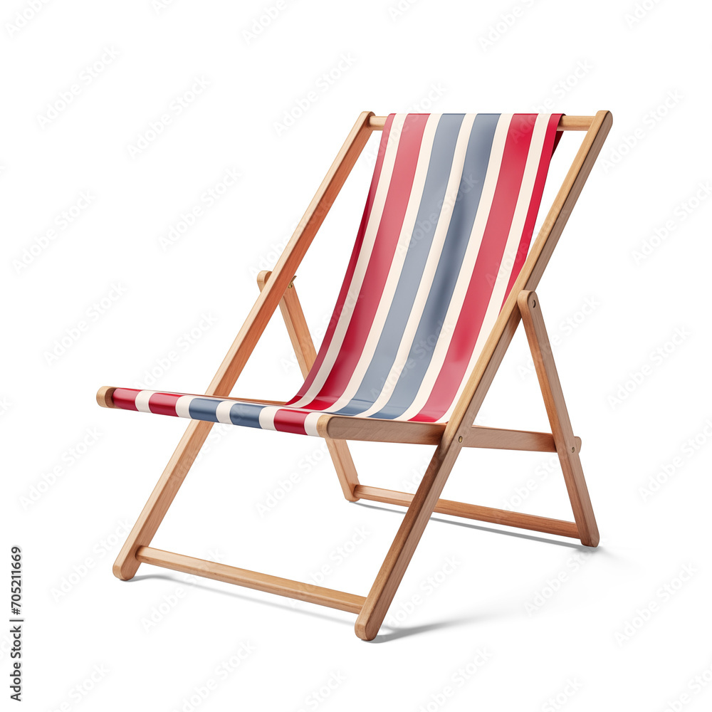 Striped deck chair on white background.