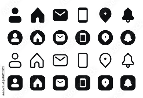 Universal Contacts Icons Set - Email, Address, Telephone, Globe, Avatar, and at Sign Symbols