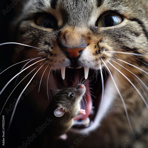 Katze mit Maus im geöffneten Maul Nahaufnahme als Poster, ai generativ photo