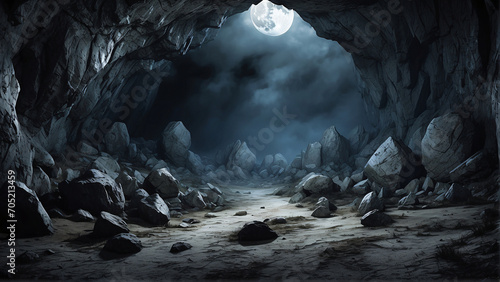 Creepy rock cave with moonlight sky photo