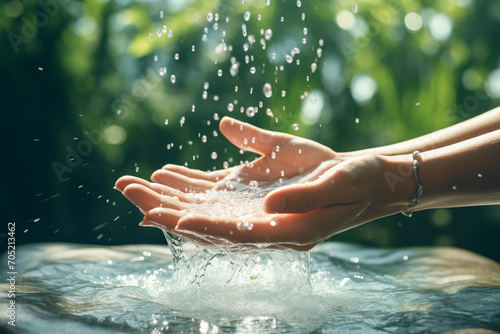 Water Flowing into Woman s Hand Against a Natural Background
