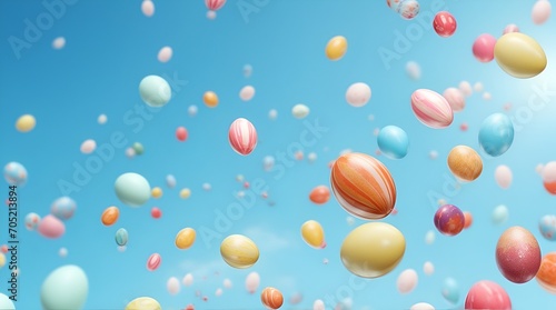 Banner with close up colored Easter eggs flying in the air on blue background © Mariana