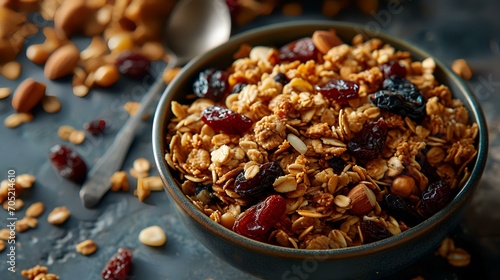 Healthy granola with nuts and raisins in a bowl on a dark background