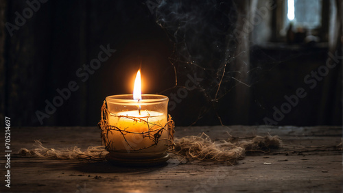 candles burning in a dark and eerie room