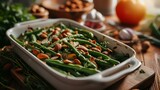 Green beans baked with almonds in a baking dish on a wooden table