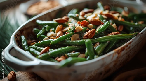 Green beans with almonds and pine nuts in a baking dish, selective focus