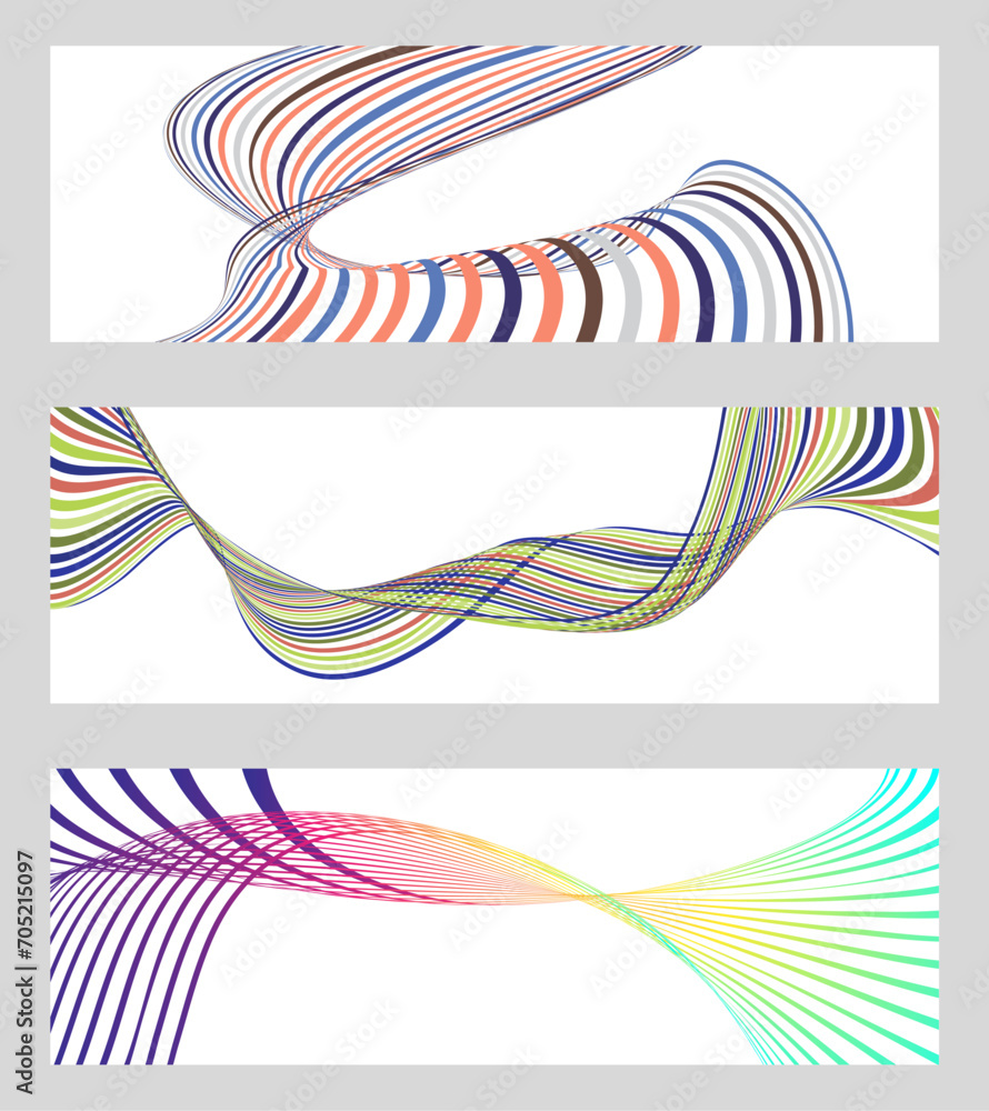 Obraz premium Wavy lines or ribbons. Set of 3 backgrounds. Multicolored striped gradient. Creative unusual background with abstract gradient wave lines to create a trendy banner, poster. vector eps