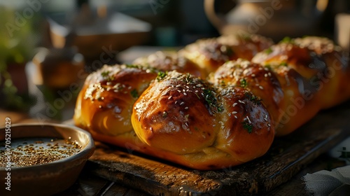 Freshly baked buns with sesame seeds on a wooden board