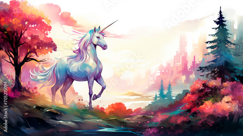 Unicorn on the background of the autumn landscape