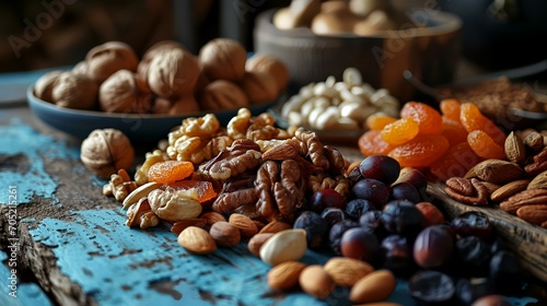 Mix of nuts and dried fruits on a blue wooden background. Selective focus.