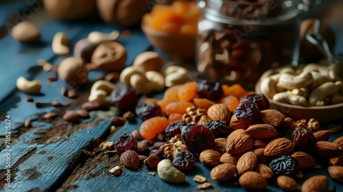 Mix of nuts and dried fruits on a rustic wooden background, selective focus © shameem