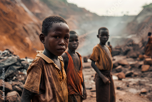 Conceptual image of African people working hard in inhumane conditions extracting minerals. Cobalt mining in the Congo. poor people in africa photo