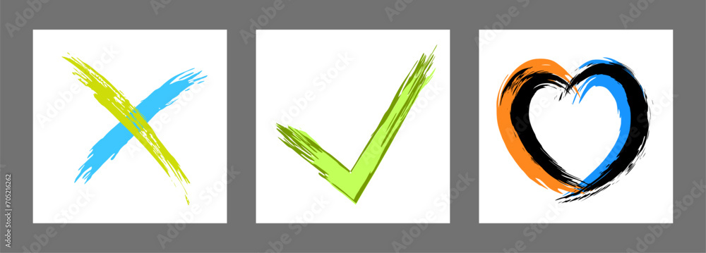 The cross, heart and OK symbol are hand-drawn with a brush. Prohibition, denial, error. Love. Approval, consent. Vector, set of 3 characters The cross, heart and OK symbol are hand-drawn with a brush. Prohibition, denial, error. Love. Approval, consent. Vector, set of 3 characters