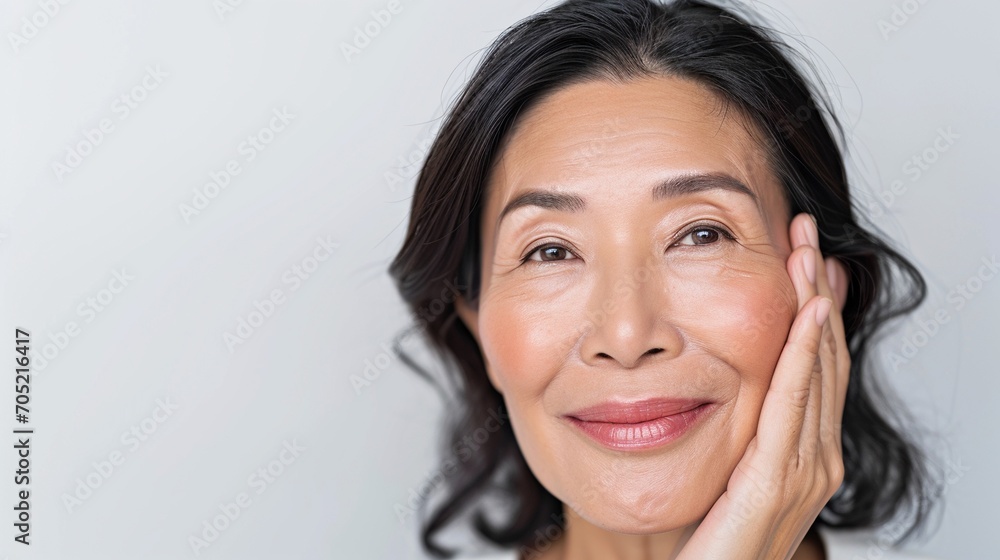 Happy middle aged mature asian woman, senior older 50 year lady looking at camera touching her face isolated on white close up face portrait. Happy middle aged mature asian woman, senior older 50 year lady looking at camera touching her face isolated on white close up face portrait.