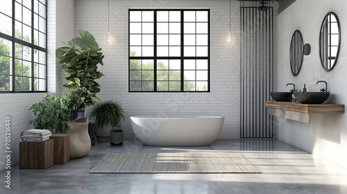 Industrial loft style bathroom background, white brick wall and polished concrete floor decorate with black steel tube,Furnished wood furniture. 
