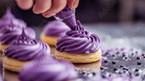 Pastry chef decorates biscuit with purple cream from pastry bag, close-up. Preparation of blueberry cake at commercial bakery with piping bag photo