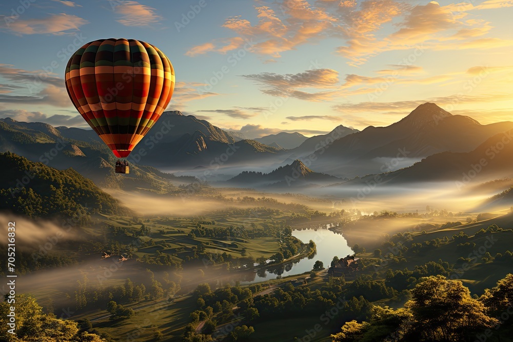 Golden balloon hangs over mountains at dawn., generative IA Golden balloon hangs over mountains at dawn., generative IA