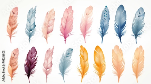 Set of magic colorful feathers. Multicolor feather watercolor hand drawn, illustration.  © nataliia_ptashka