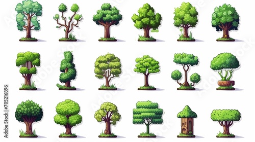 Set of cartoon trees. Colorful trees for game. Pixel art, 8 bit for video game UI photo