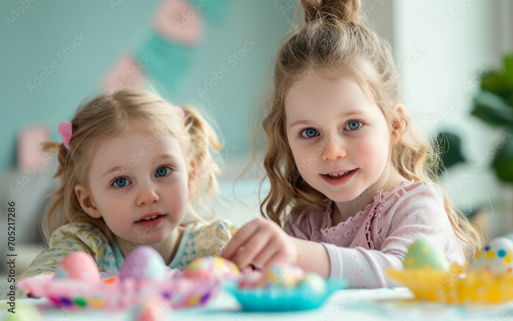 Fototapeta premium Playful sisters, decorating the table for Easter lunch.