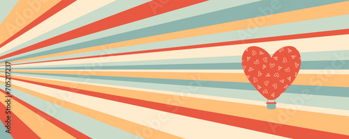 Retro style print with heart shaped hot air balloon on striped sky background. Perfect for cup, mug, postcard, sticker, banner. Vector illustration.
