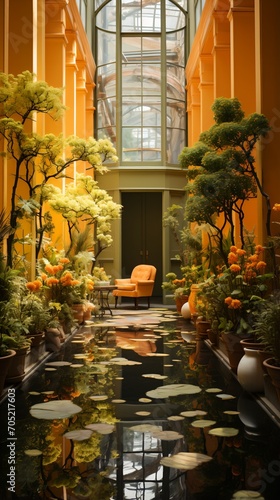 vibrant indoor garden with reflection pool
