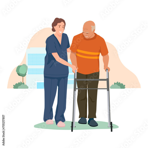 Helpful nurse helps old man walk in hospital garden.