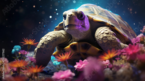 Aqua turtle among magic and beautiful flowers in the magic forest