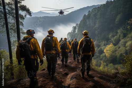 Rescue team descends from helicopter in urgent operation., generative IA © Dalmir