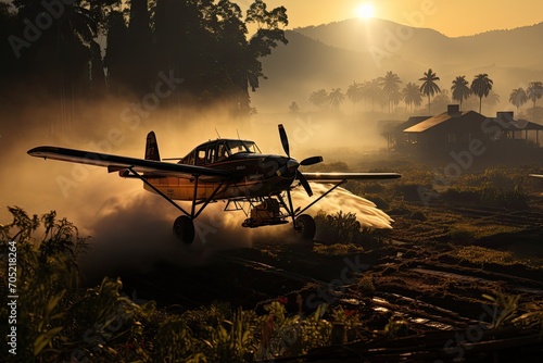 Agricultural helicopter spraying plantations at dusk., generative IA