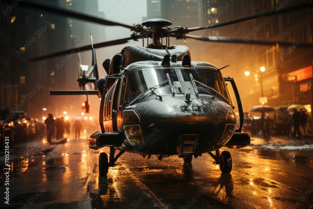 Helicopter captures urban scenes for film; frantic action., generative IA Helicopter captures urban scenes for film; frantic action., generative IA