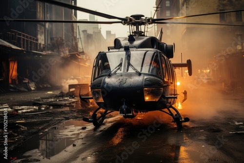Helicopter captures urban scenes for film; frantic action., generative IA photo