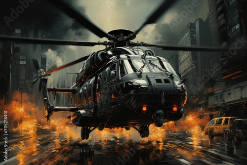 Urban Heliport: Black Helicopter takes off on vibrant skyscrapers., generative IA
