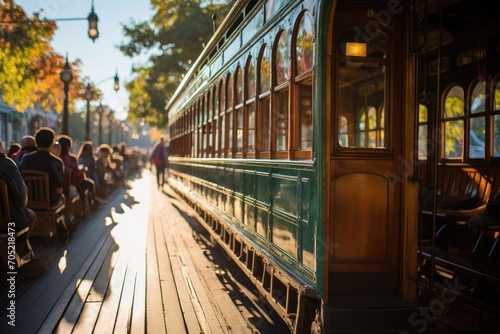 Animated passengers board a restored vintage tram., generative IA