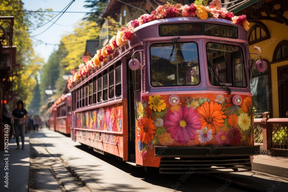 custom made wallpaper toronto digitalColorful themed tram slides festivity through the streets., generative IA