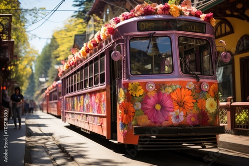 Wallpaper Mural Colorful themed tram slides festivity through the streets., generative IA Torontodigital.ca