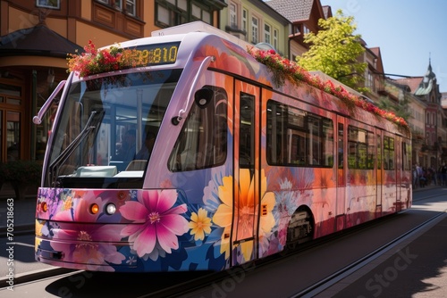 Colorful themed tram slides festivity through the streets., generative IA