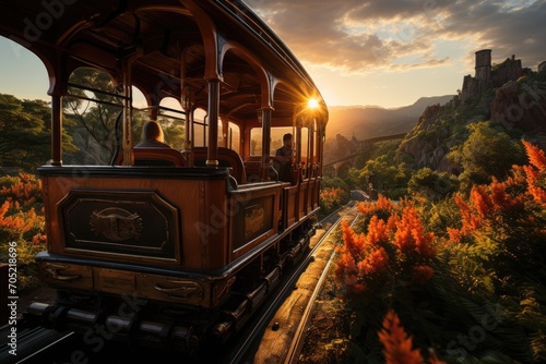 Colorful tram serpenty in roller coaster in amusement park at sunset., generative IA