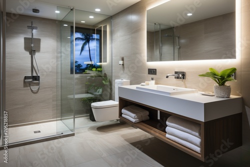 Modern bathroom interior with large mirror and walk-in shower photo