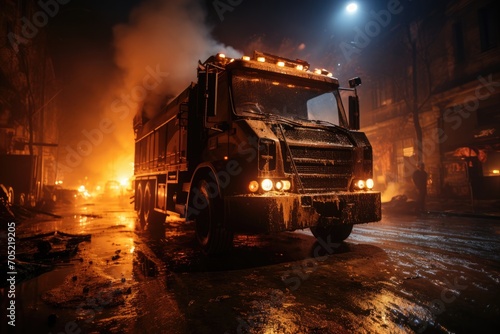 Fire truck fighting a voracious fire., generative IA photo