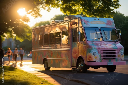 Colorful ice cream truck in summer park. Happy children wait., generative IA