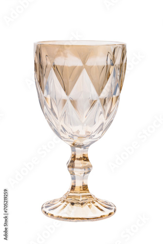 Empty gold crystal glass isolated on white background