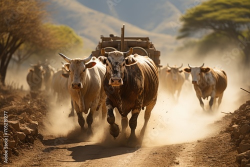 Rustic truck transports cattle by dusty road., generative IA photo