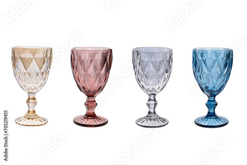 Set of different colored glass cup isolated on white background.