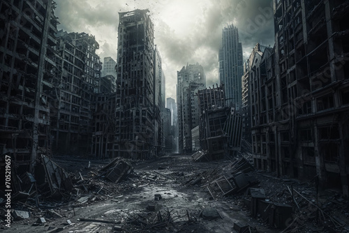 A desolate post-apocalyptic cityscape, crumbling buildings and overgrown vegetation, eerie and abandoned atmosphere, muted tones of grey and green, wide desaturated shot photo