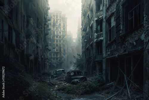 A desolate post-apocalyptic cityscape, crumbling buildings and overgrown vegetation, eerie and abandoned atmosphere, muted tones of grey and green, wide desaturated shot